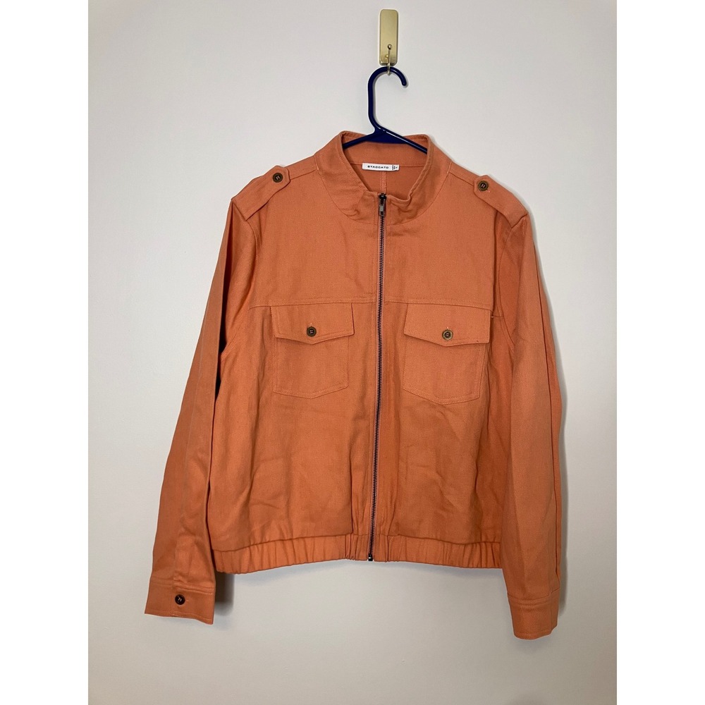 Staccato Utility Jacket Womens Large Orange Excellent Rayon Zip Up Epaulettes